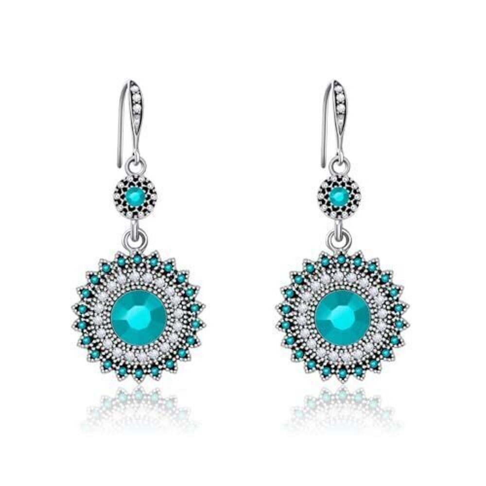 2054 Vintage Round Blue Sapphire Sunflowers Dangle Earrings, Unique Retro